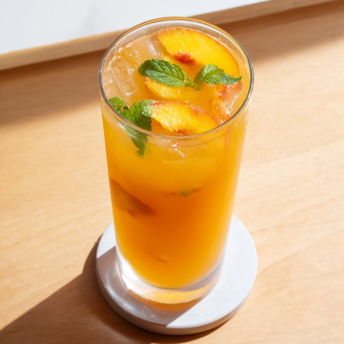 Bubbly summer drink featuring sweet peaches and zesty ginger over ice in tall glasses