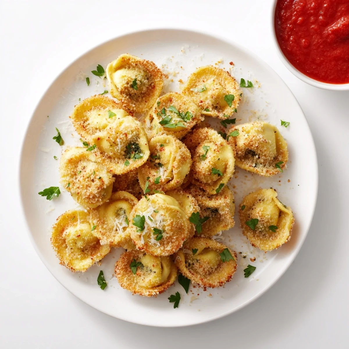 Crispy breaded tortellini fresh from the air fryer, garnished with fresh basil leaves