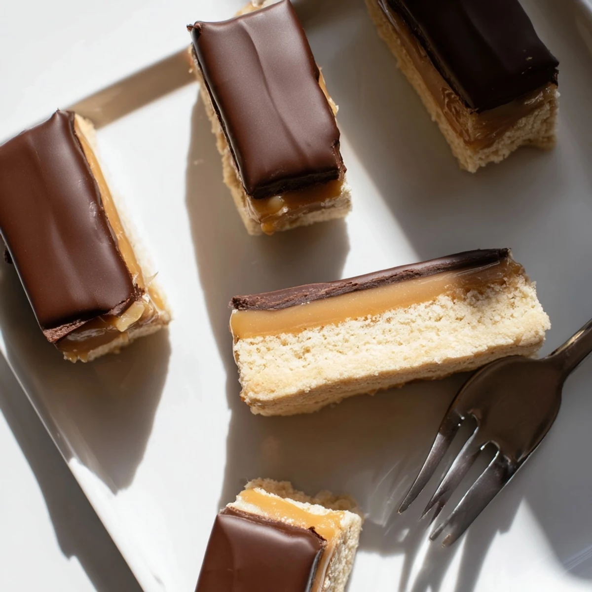 Homemade Twix bars featuring golden shortbread layered with gooey caramel and smooth milk chocolate topping