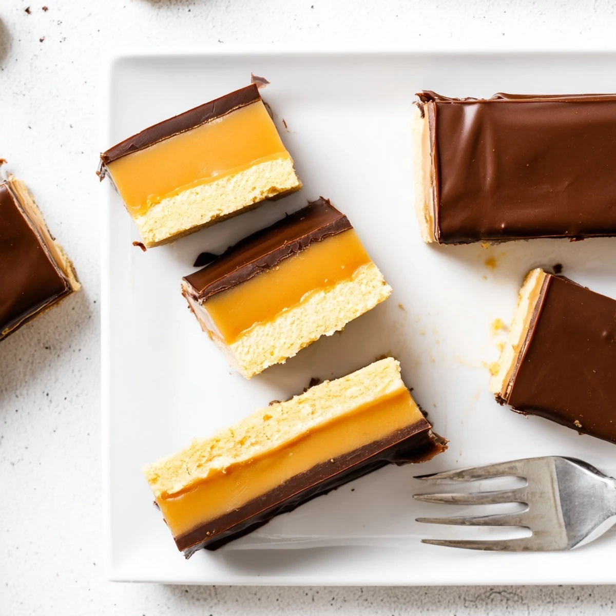 Decadent Twix dessert bars displaying three distinct layers of buttery crust, rich caramel, and melted chocolate