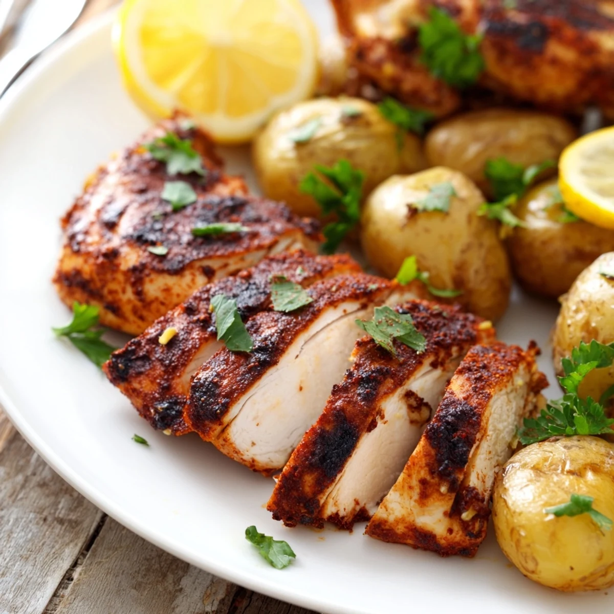 Juicy grilled chicken plated with perfectly browned roasted potatoes garnished with fresh parsley and lemon
