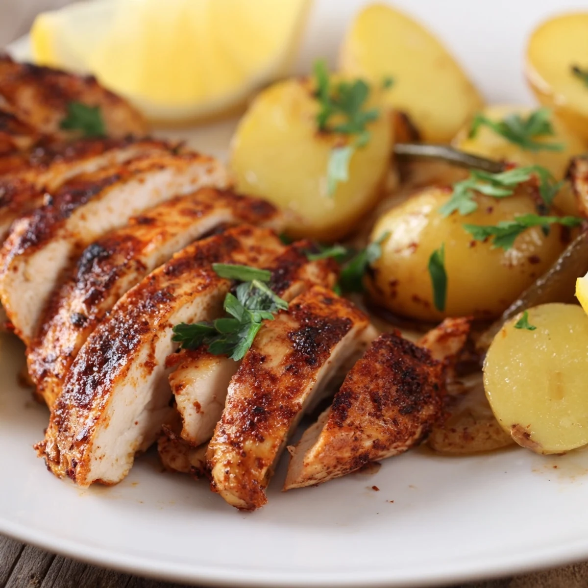 Golden grilled chicken breast slices resting beside crispy roasted baby Yukon Gold potatoes with herbs