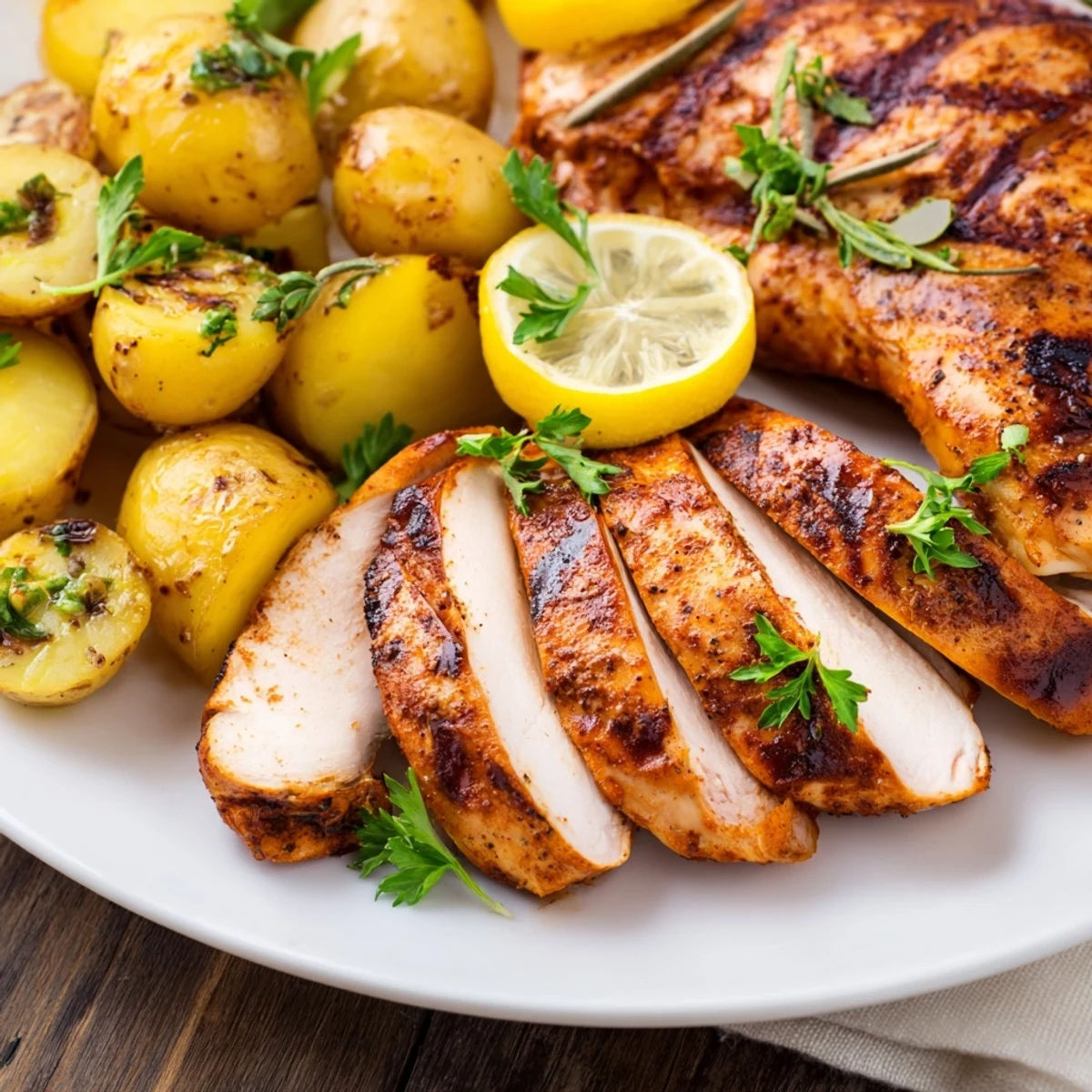 Sizzling grilled chicken with crispy roasted potatoes on a white plate featuring rosemary and garlic accents