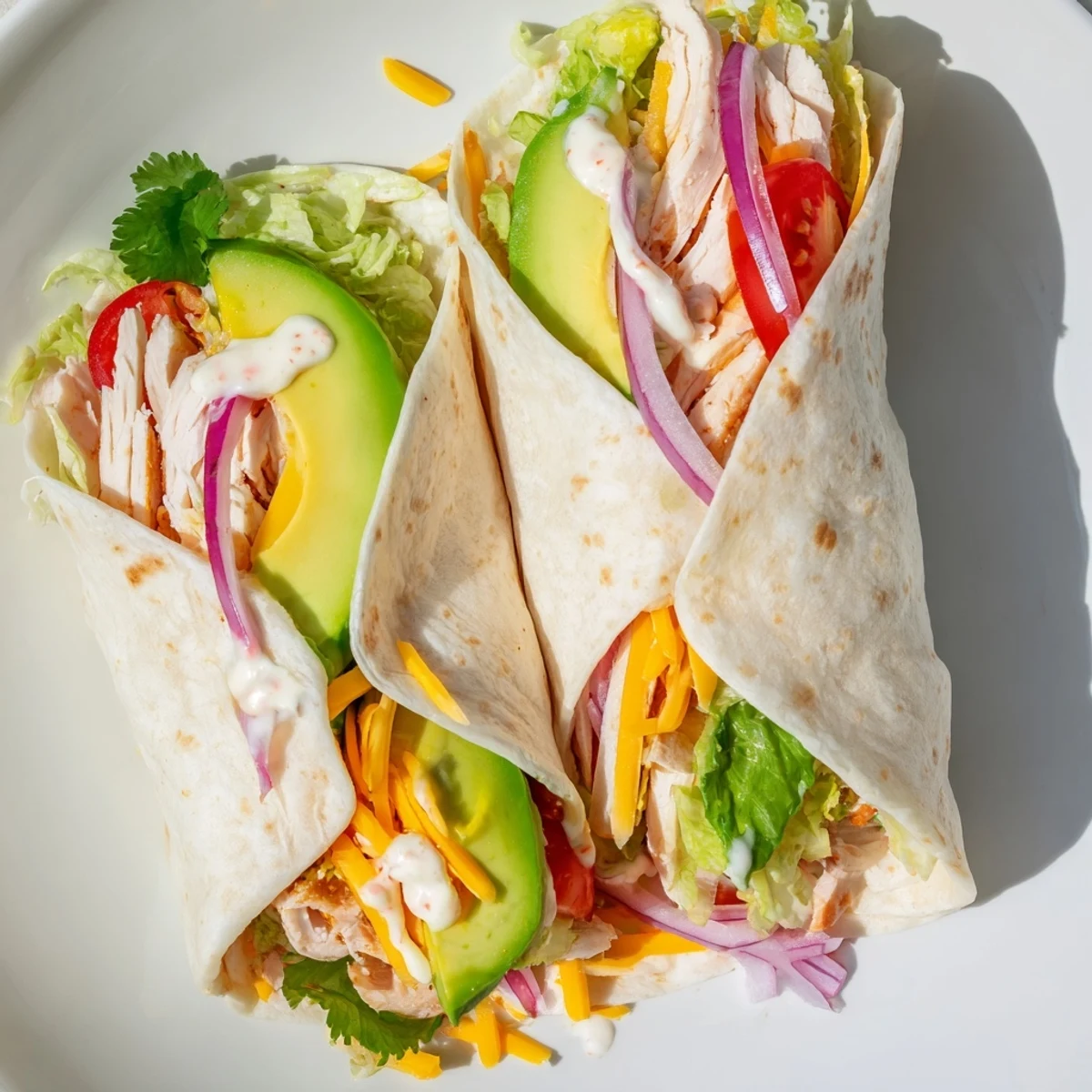 Spicy chicken avocado wraps filled with grilled spiced chicken, creamy avocado, and crisp vegetables in a soft tortilla