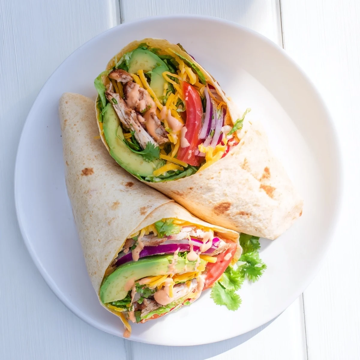 Hand holding spicy chicken avocado wraps wrapped in flour tortillas with vibrant green avocado and red tomato visible through the folds