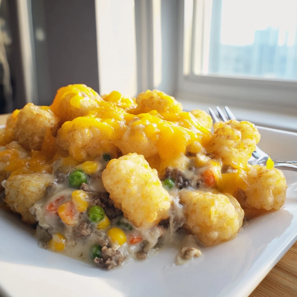 Golden crispy tater tots top this cheesy ground beef tater tot casserole with melted cheddar