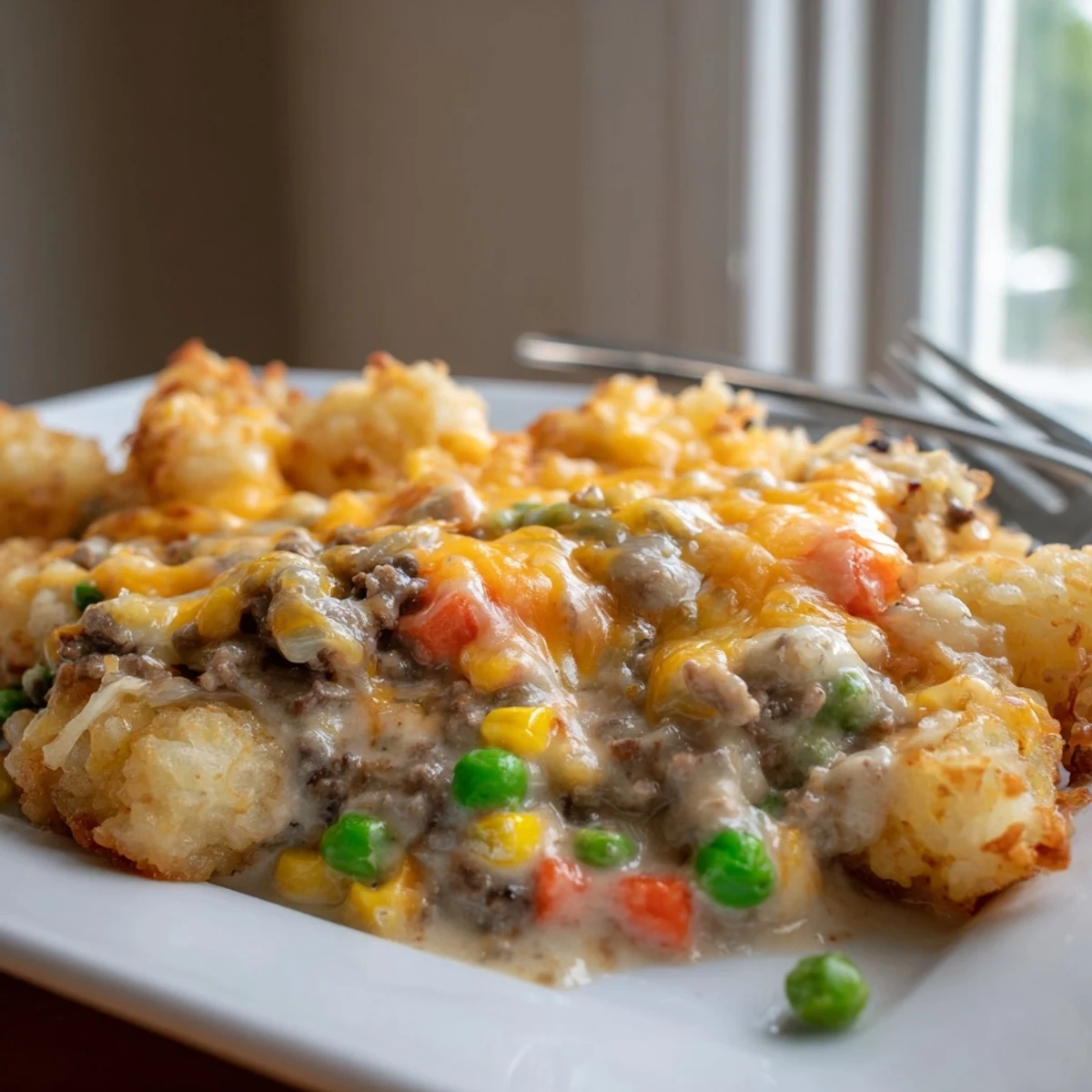 Baked cheesy ground beef tater tot casserole served bubbling hot with savory beef and vegetables
