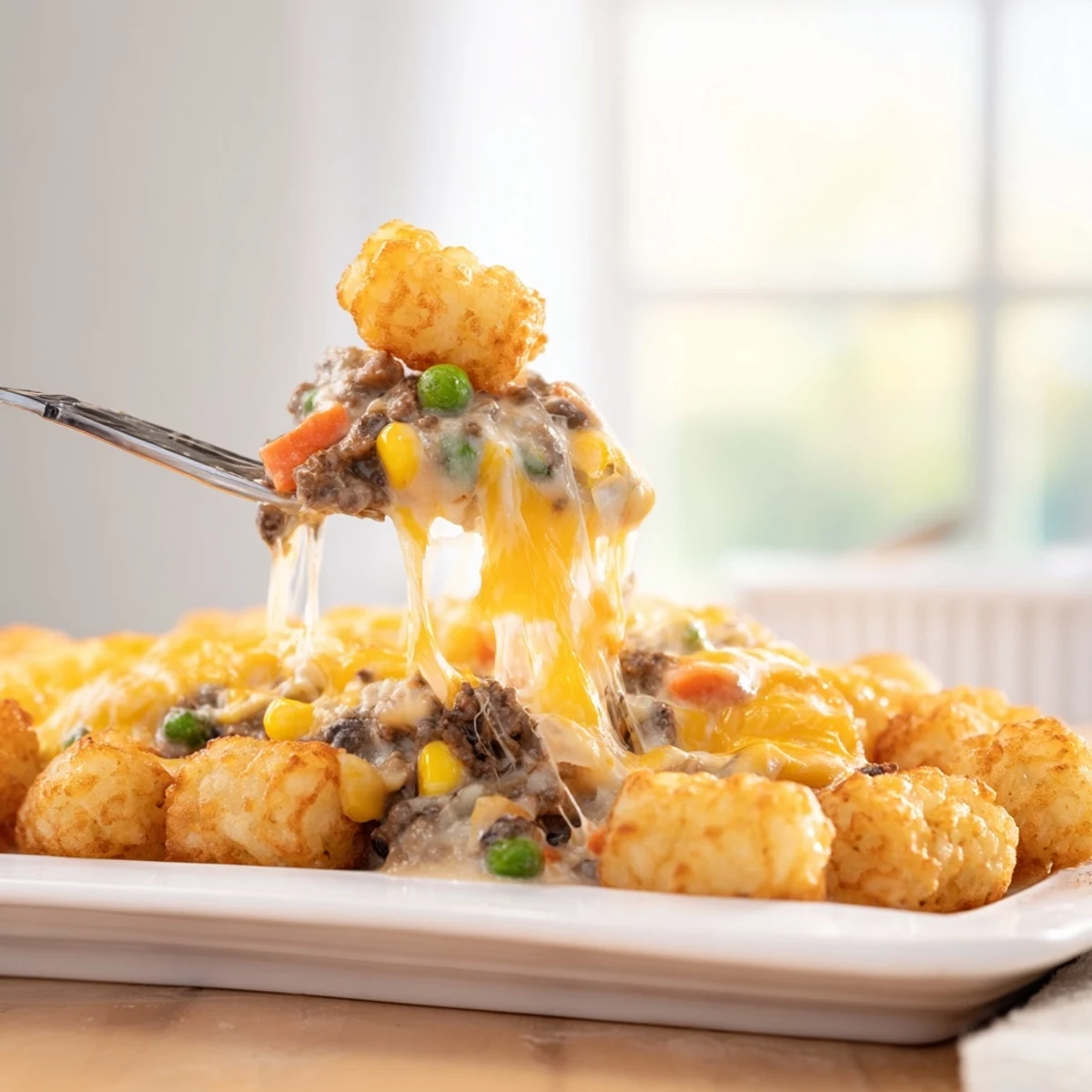 Family-style cheesy ground beef tater tot casserole featuring a crispy tot crust and gooey cheese layer