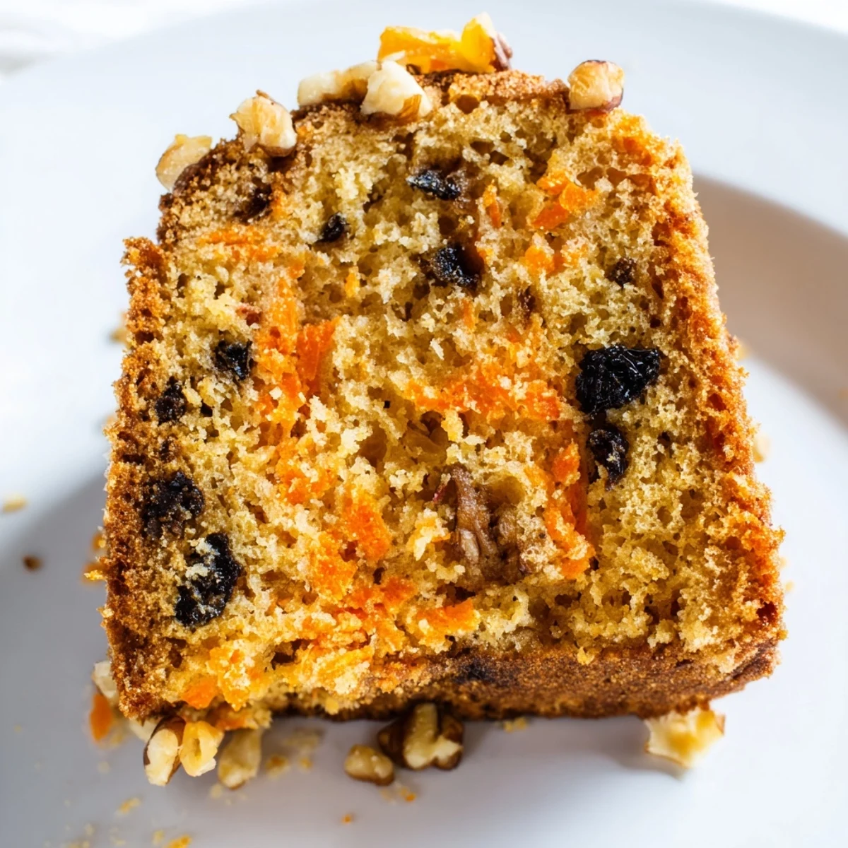 Golden slice of Greek yogurt carrot cake topped with powdered sugar on a white plate
