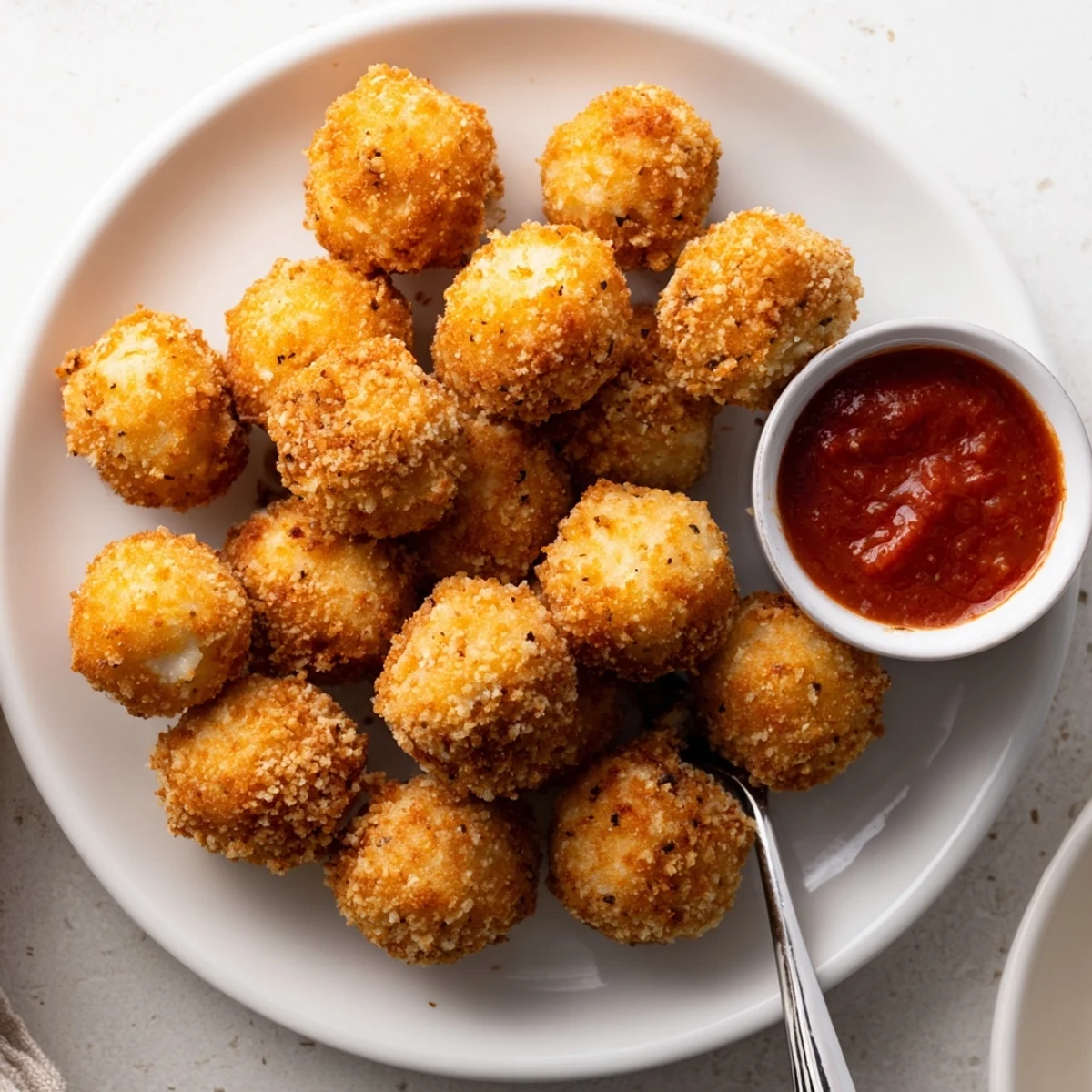 Gooey melty mozzarella cheese balls fried to golden perfection and arranged on a serving platter
