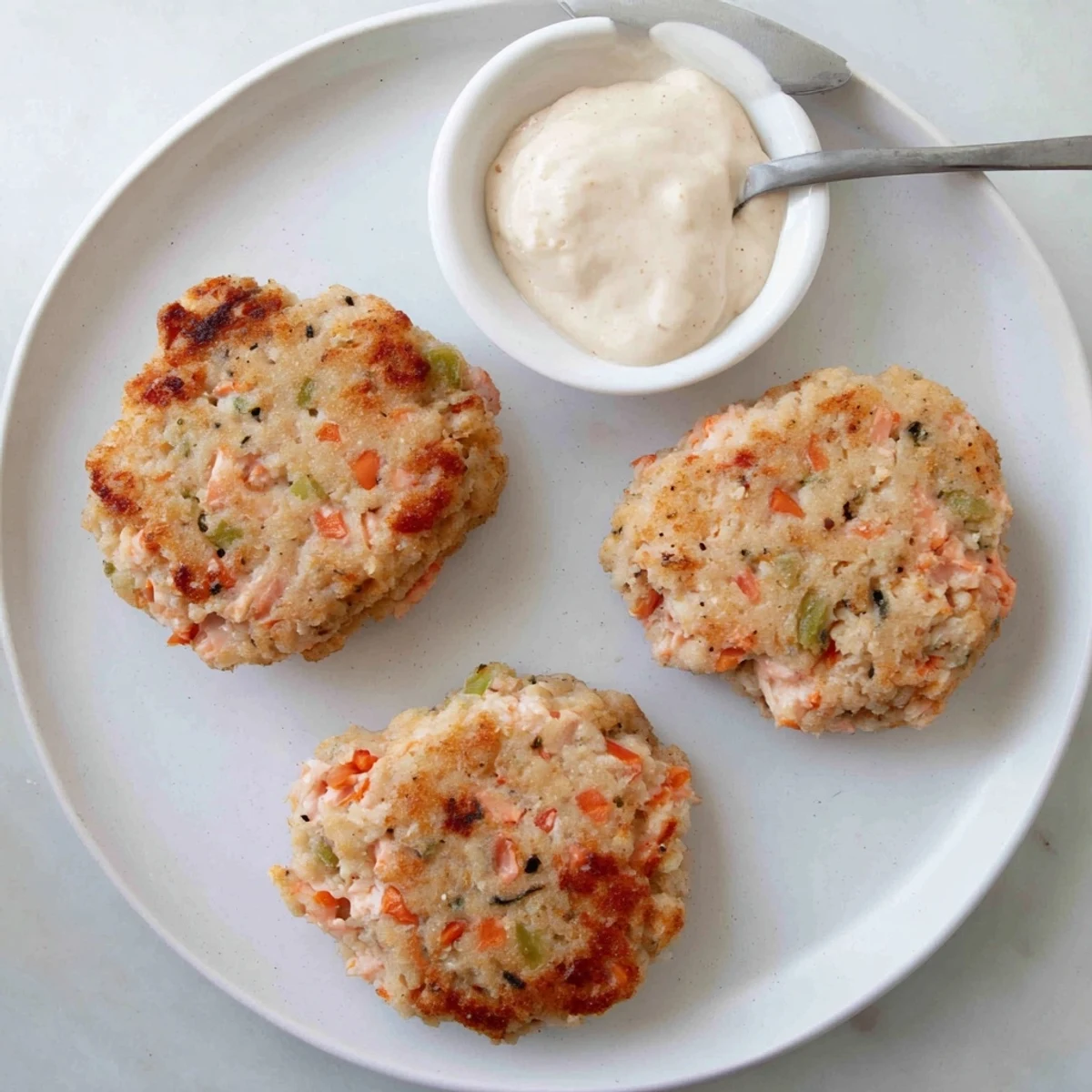 Golden brown Southern salmon croquettes served on a white plate with zesty remoulade dipping sauce