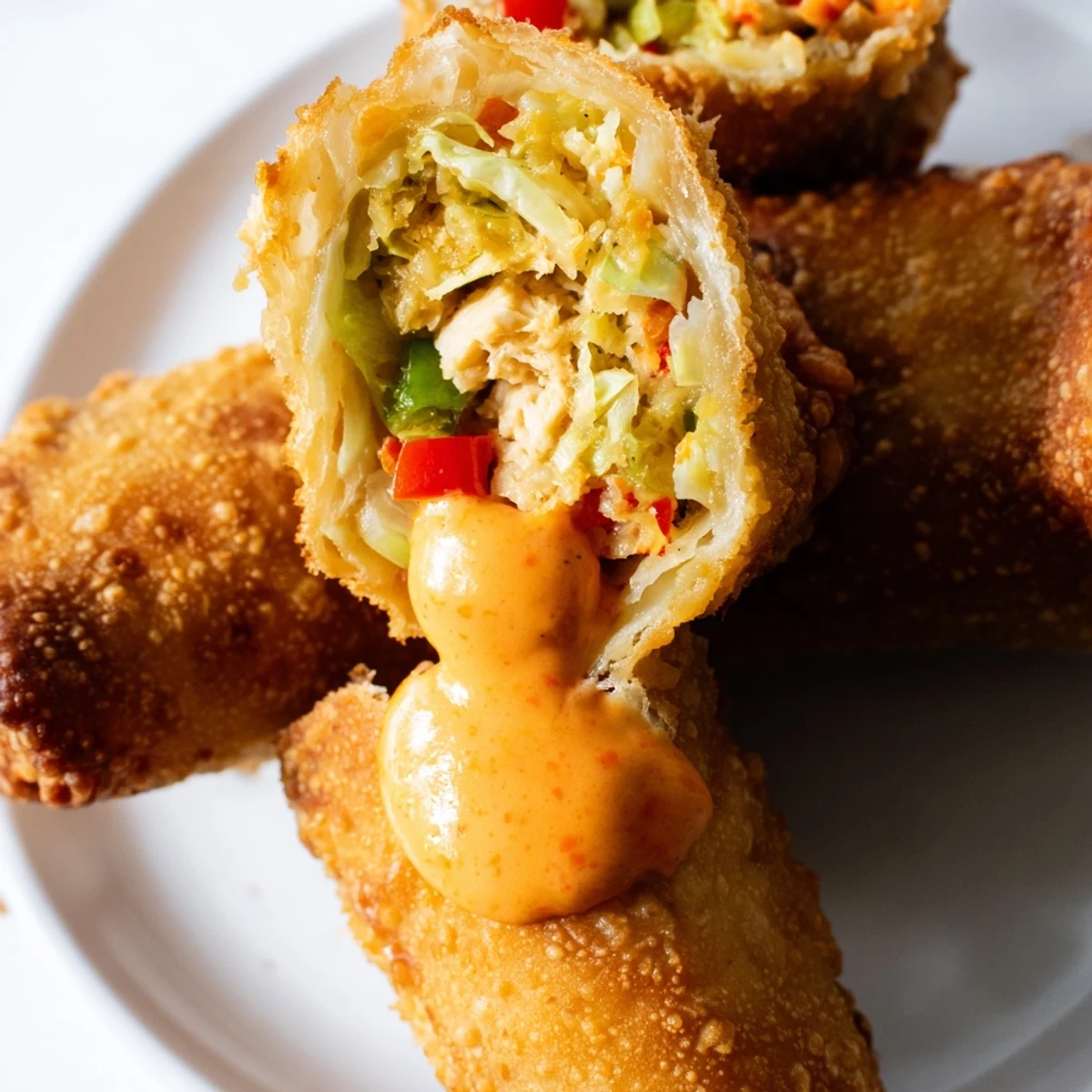 Crispy golden Voodoo Egg rolls filled with seasoned Cajun chicken and colorful vegetables served with zesty dipping sauce