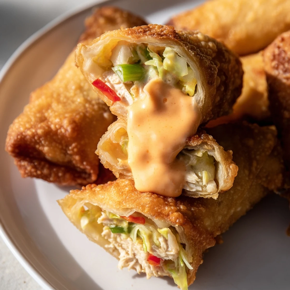 Plate of spicy Voodoo Egg rolls featuring crunchy fried wrappers stuffed with tender chicken breast and bell peppers