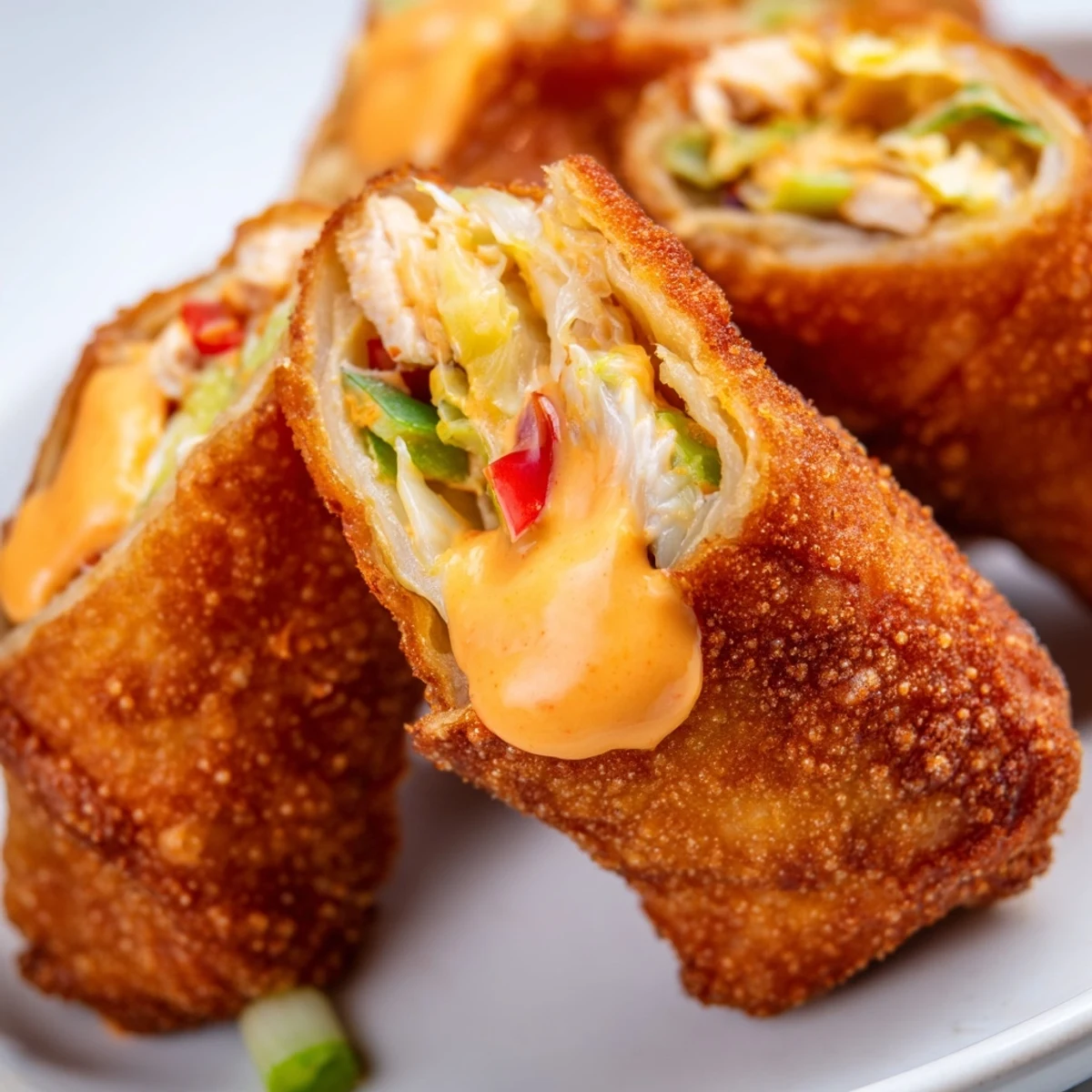 Homemade Voodoo Egg rolls arranged on serving platter alongside creamy spicy dipping sauce for party appetizer spread