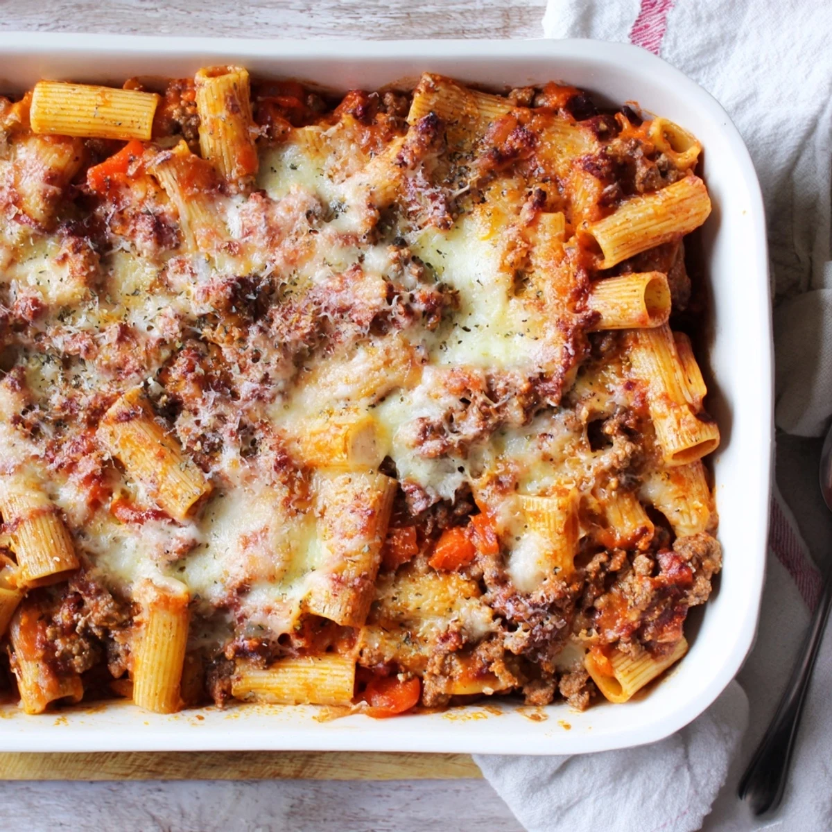 Oven-baked rigatoni Bolognese pasta bake topped with crispy Parmesan and melted cheese