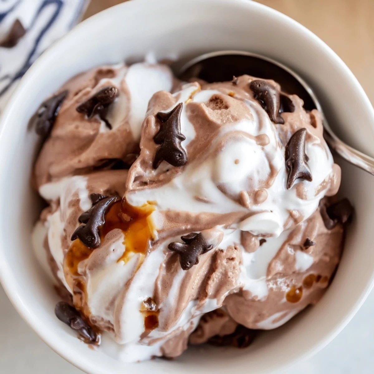 Creamy Ninja Creami Phish Food ice cream swirled with gooey marshmallow fluff and rich caramel ribbons.