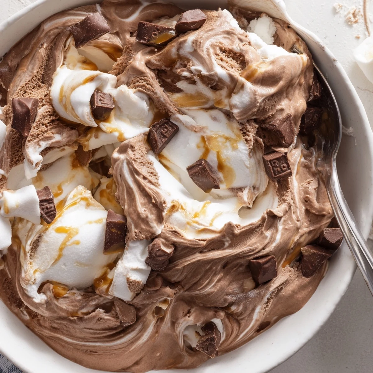 Homemade Ninja Creami Phish Food dessert featuring marshmallow swirls and chocolate fish in a chilled bowl.