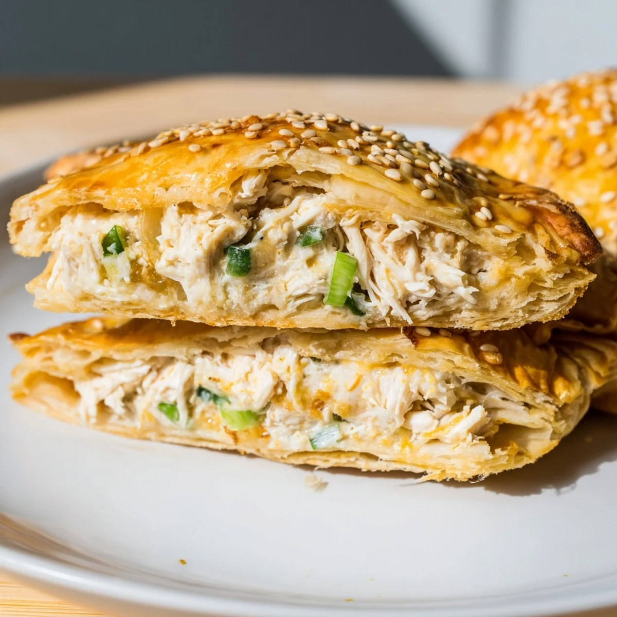 Golden brown cheesy chicken pockets with flaky pastry and melted cheddar oozing from the center