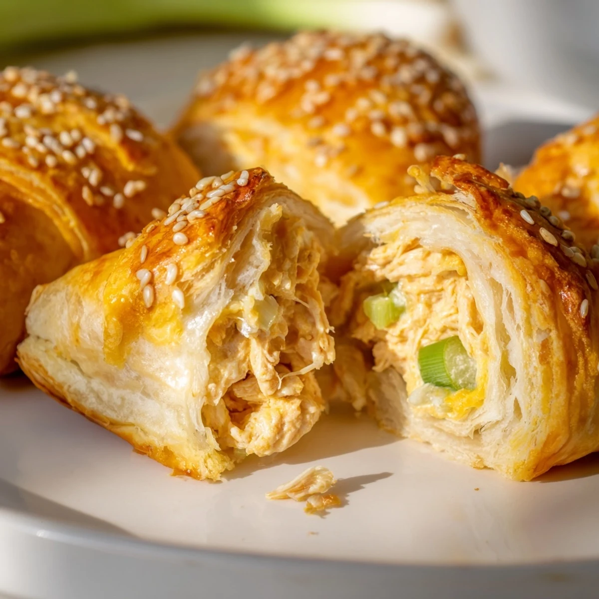 Warm handheld cheesy chicken pockets featuring tender chicken and cream cheese filling in golden crust