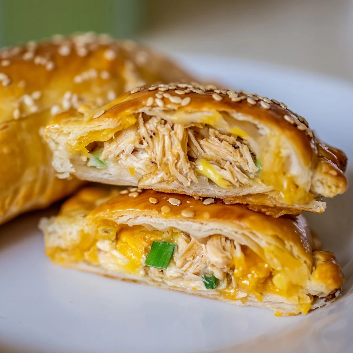 Freshly baked cheesy chicken pockets pastry appetizer brushed with egg and sprinkled with sesame seeds