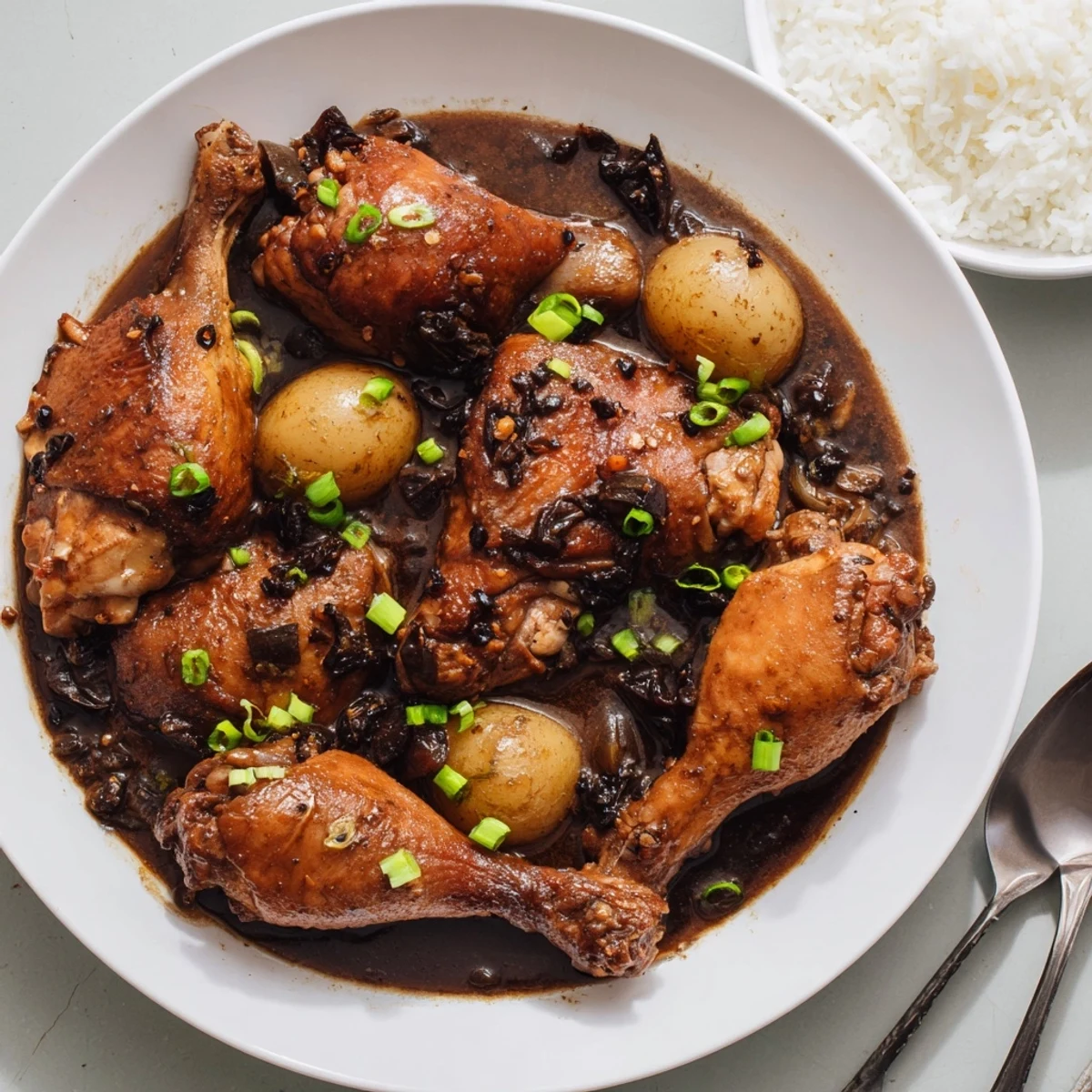 Golden brown Filipino Chicken Adobo with thick glossy sauce served over fluffy white rice