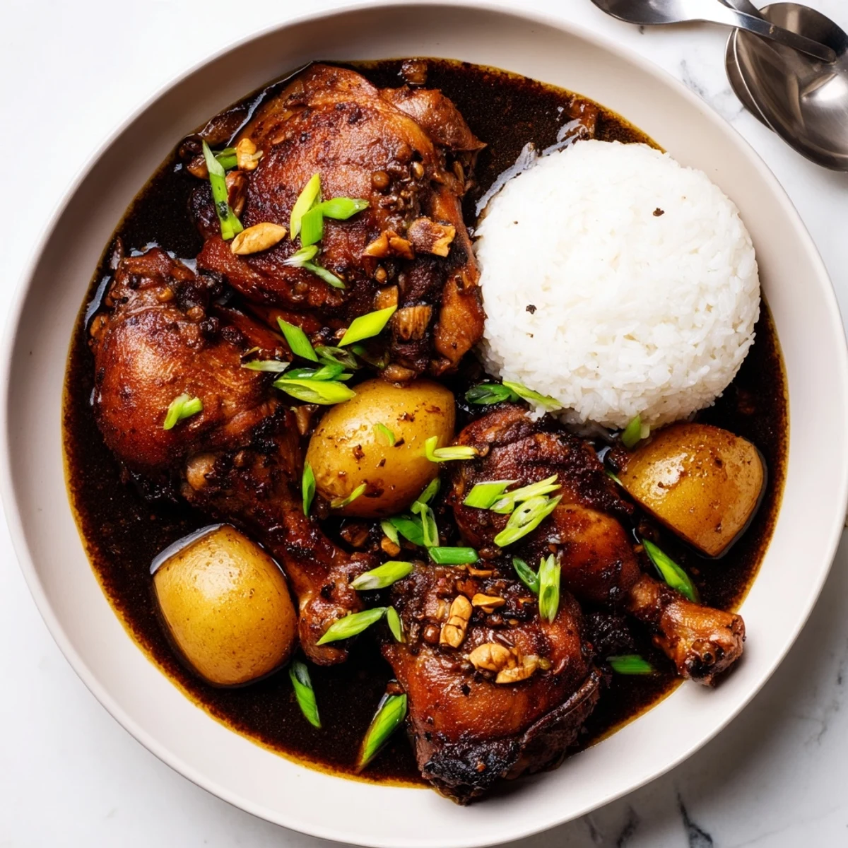 Braised Filipino Chicken Adobo featuring caramelized skin and rich tangy glaze alongside plain rice