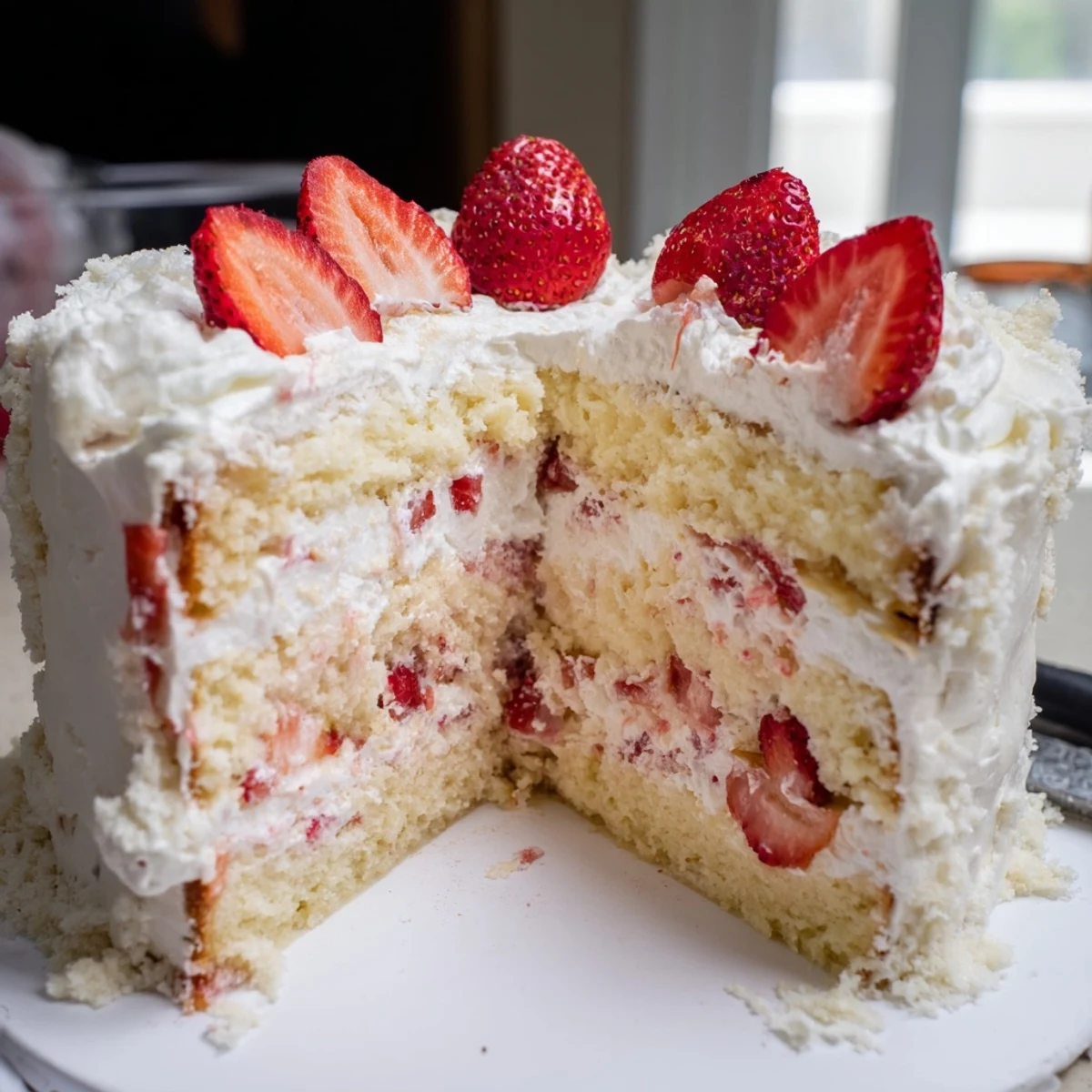 Golden layered strawberry shortcake cake topped with fresh red berries and fluffy white whipped cream