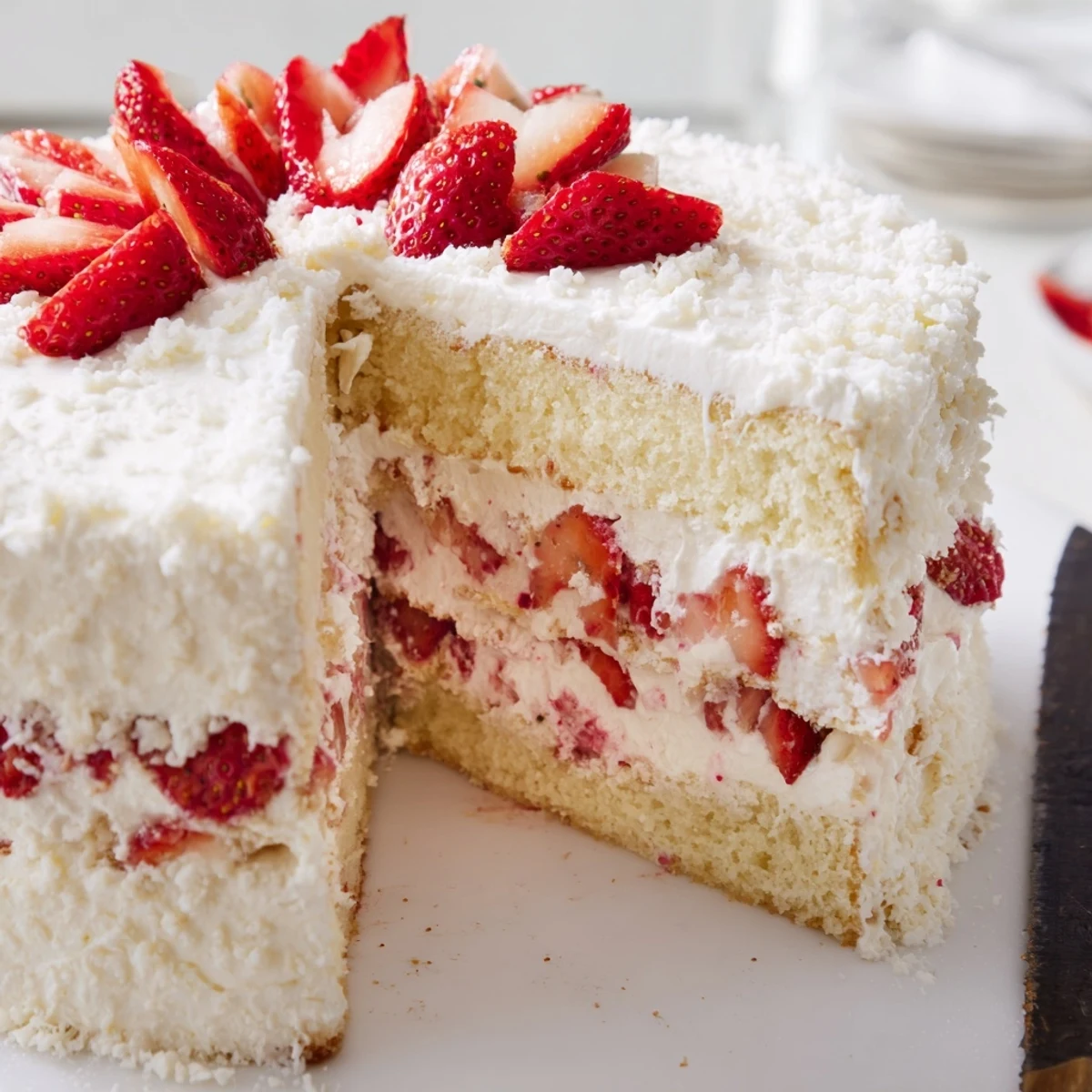 Slice of strawberry shortcake cake showing moist vanilla sponge layered with sweet macerated strawberries