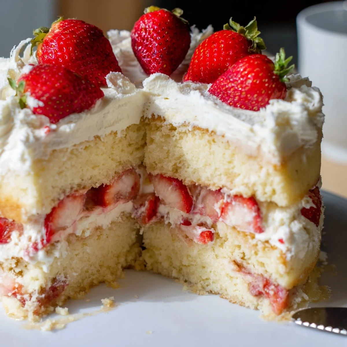 Two-tier strawberry shortcake cake decorated with juicy red strawberry slices against a white background
