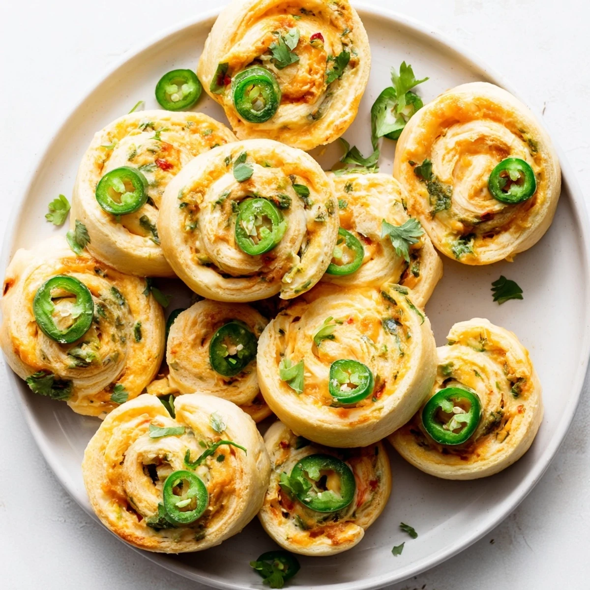 Golden Easy Jalapeno Popper Pinwheels with melty cheese and fresh green onions baked to bubbly perfection
