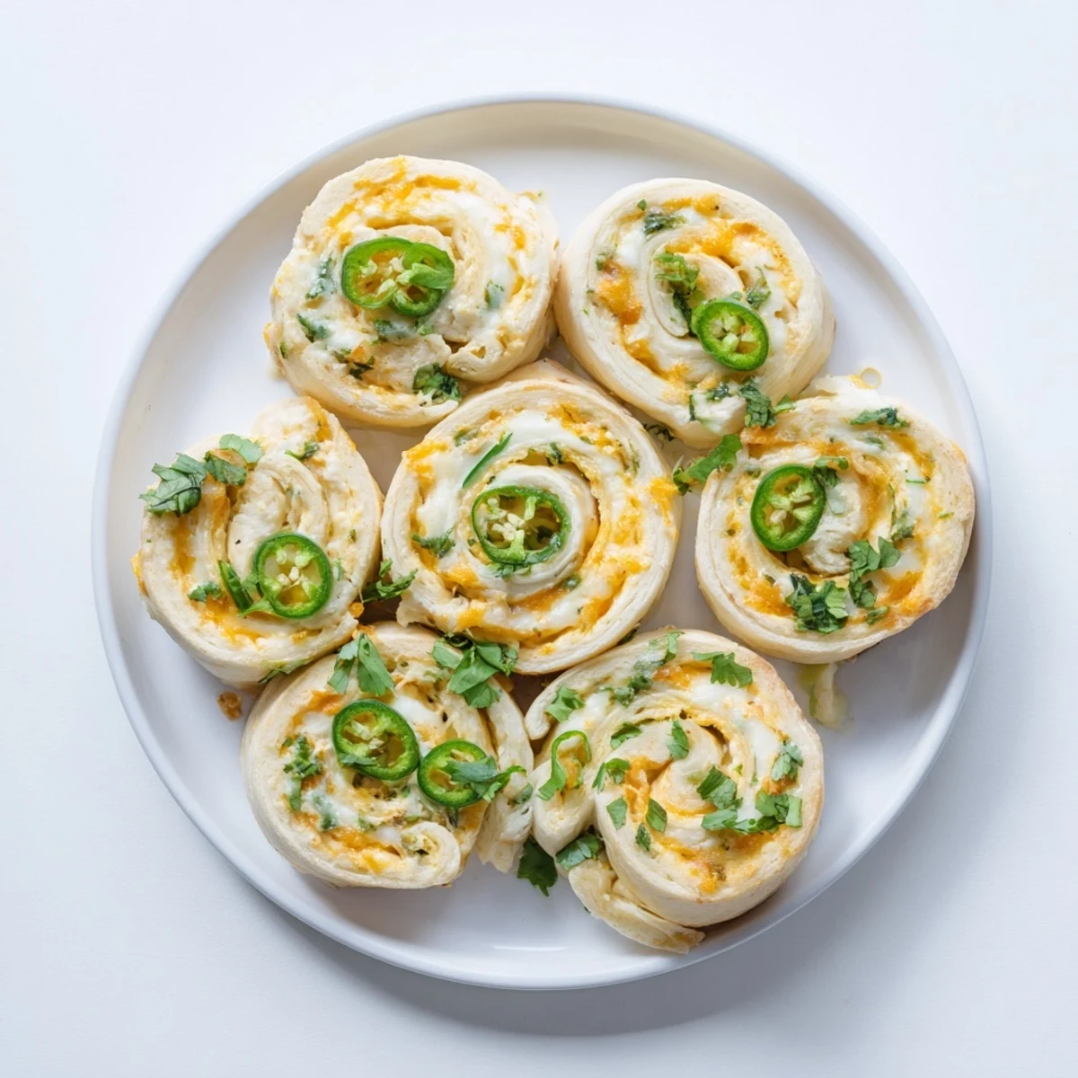 Plate of warm Easy Jalapeno Popper Pinwheels sprinkled with fresh cilantro, ready for party guests to enjoy