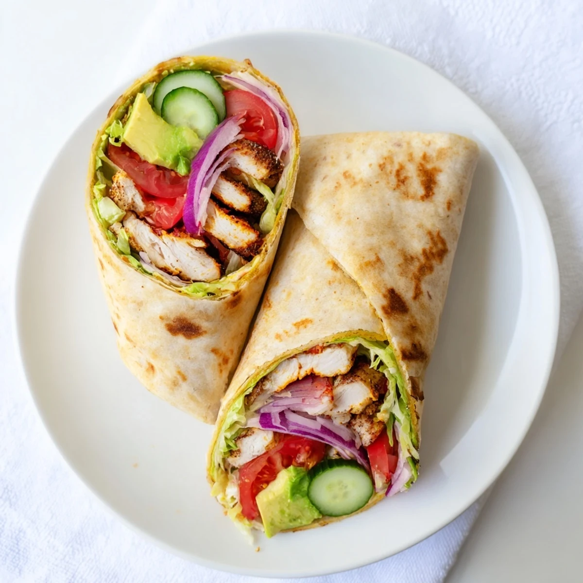 Golden crispy cottage cheese flatbread wraps filled with seasoned grilled chicken and fresh colorful vegetables