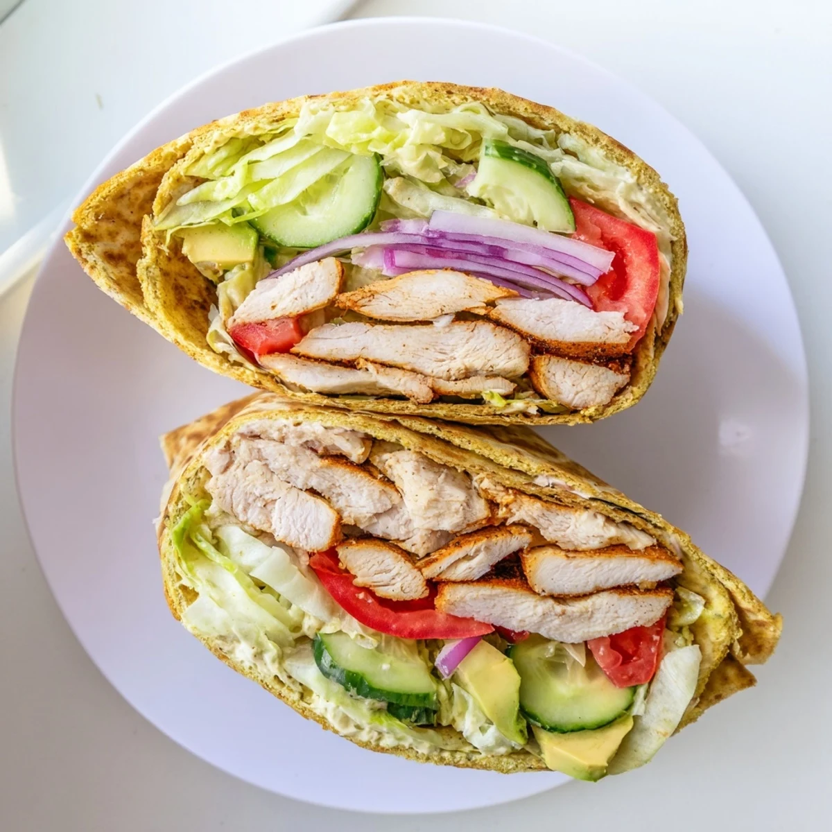 Protein-packed cottage cheese flatbread chicken wraps featuring crisp lettuce, juicy tomatoes, and creamy avocado slices