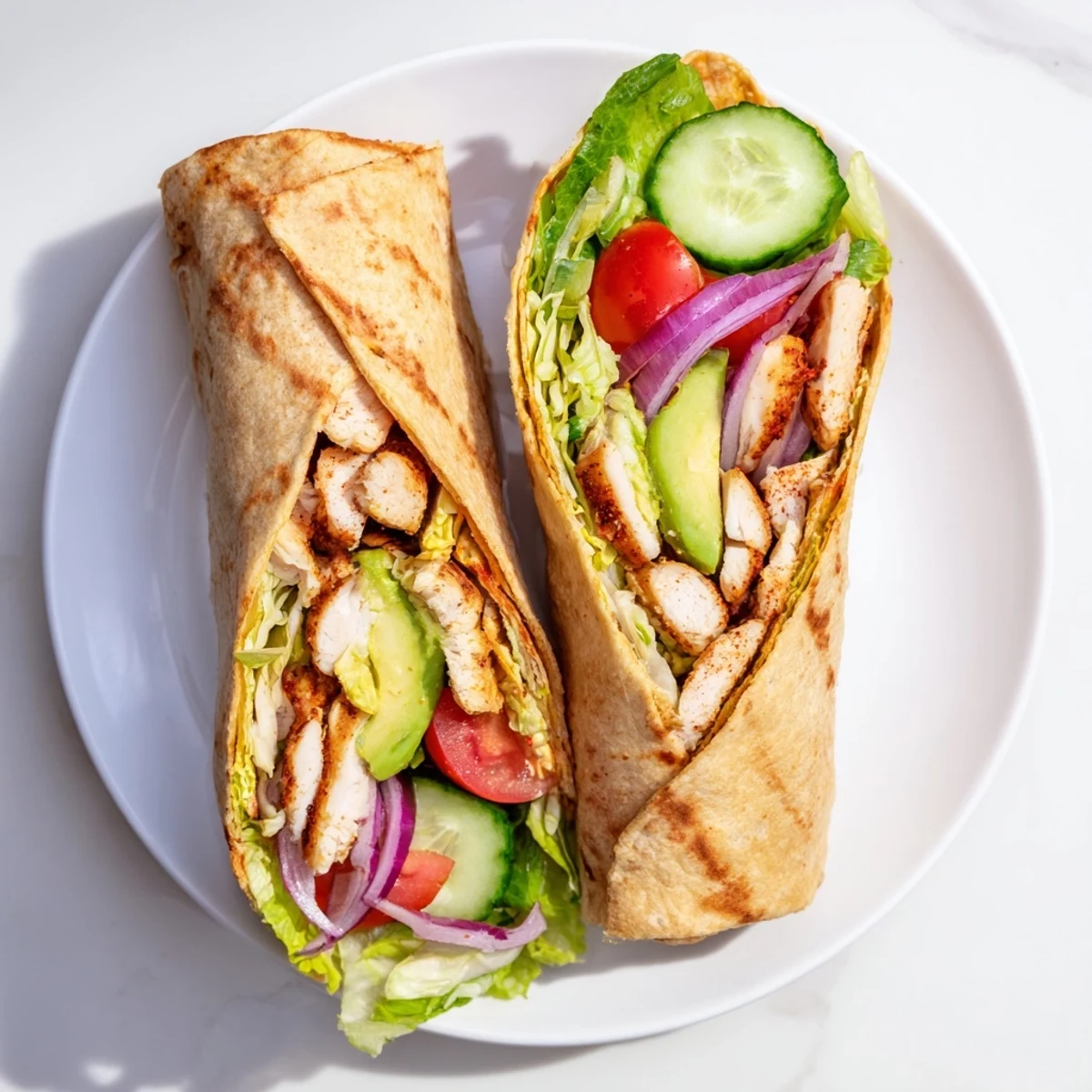 Healthy high protein wraps showing golden flatbread folded around spiced chicken strips and vibrant garden veggies