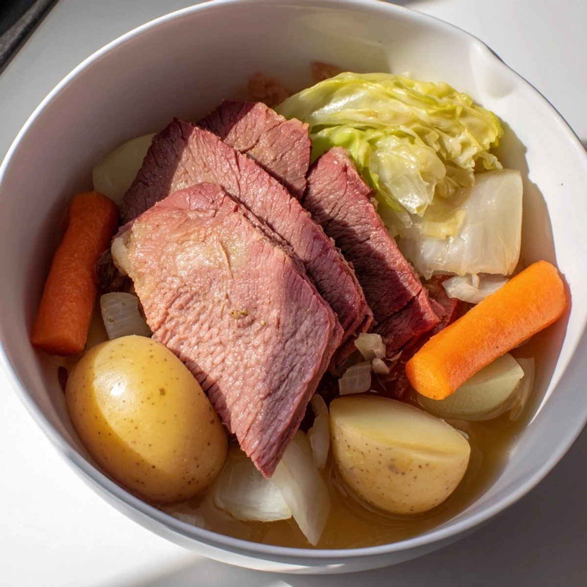 Slow cooker corned beef cabbage with tender sliced brisket surrounded by golden potatoes and carrots in a rich broth