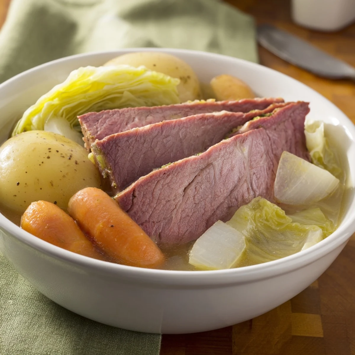 Hearty corned beef beef brisket served with steamed cabbage wedges and root vegetables on a rustic platter