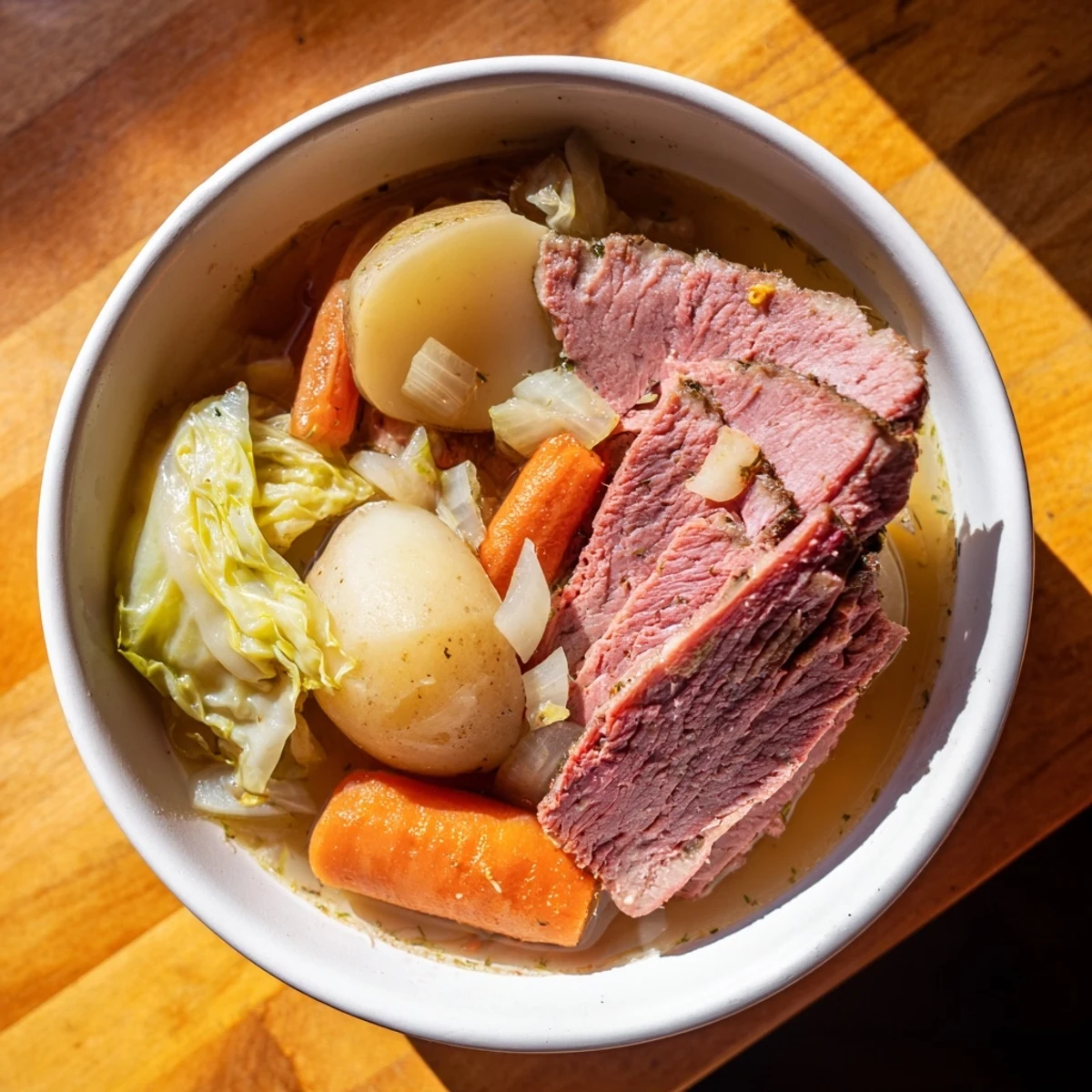 Fork-torn slow cooker corned beef atop a bed of tender cabbage, carrots, and potatoes in savory beef broth