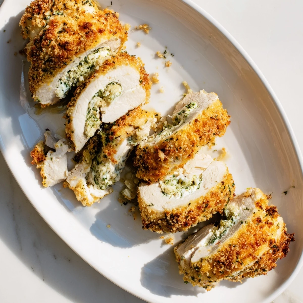 Golden brown herbed ricotta stuffed chicken rolls with crispy breadcrumb topping on a white plate