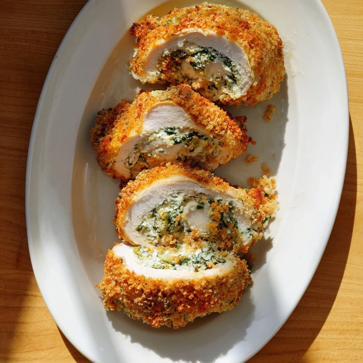 Tender baked chicken breasts rolled with creamy ricotta filling and fresh herbs served for dinner