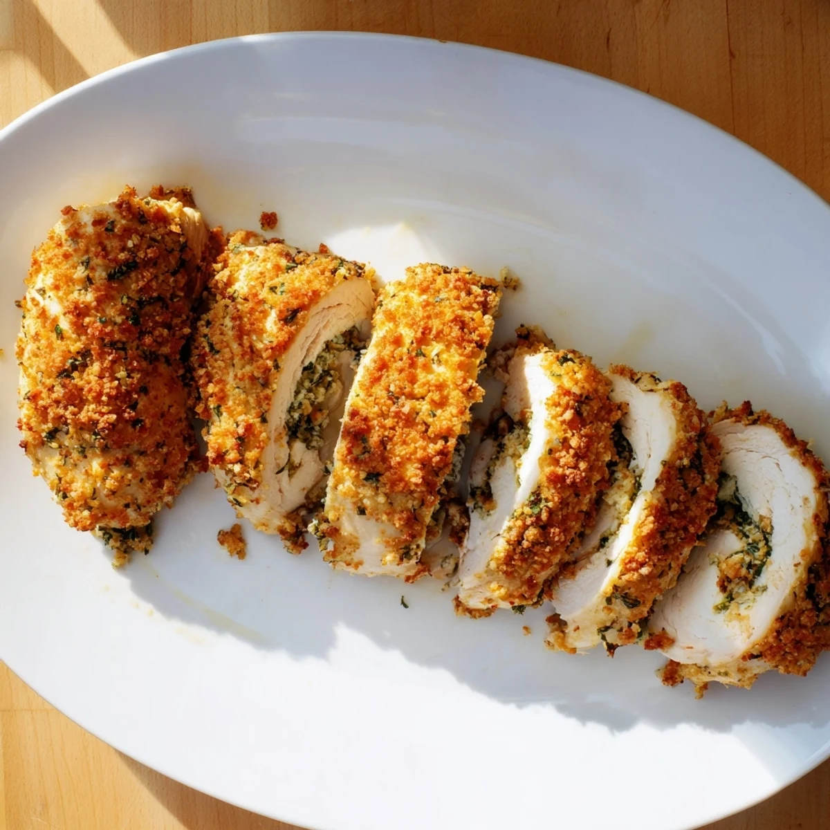 Close up of Italian stuffed chicken rolls with parmesan breadcrumb crust on a baking sheet