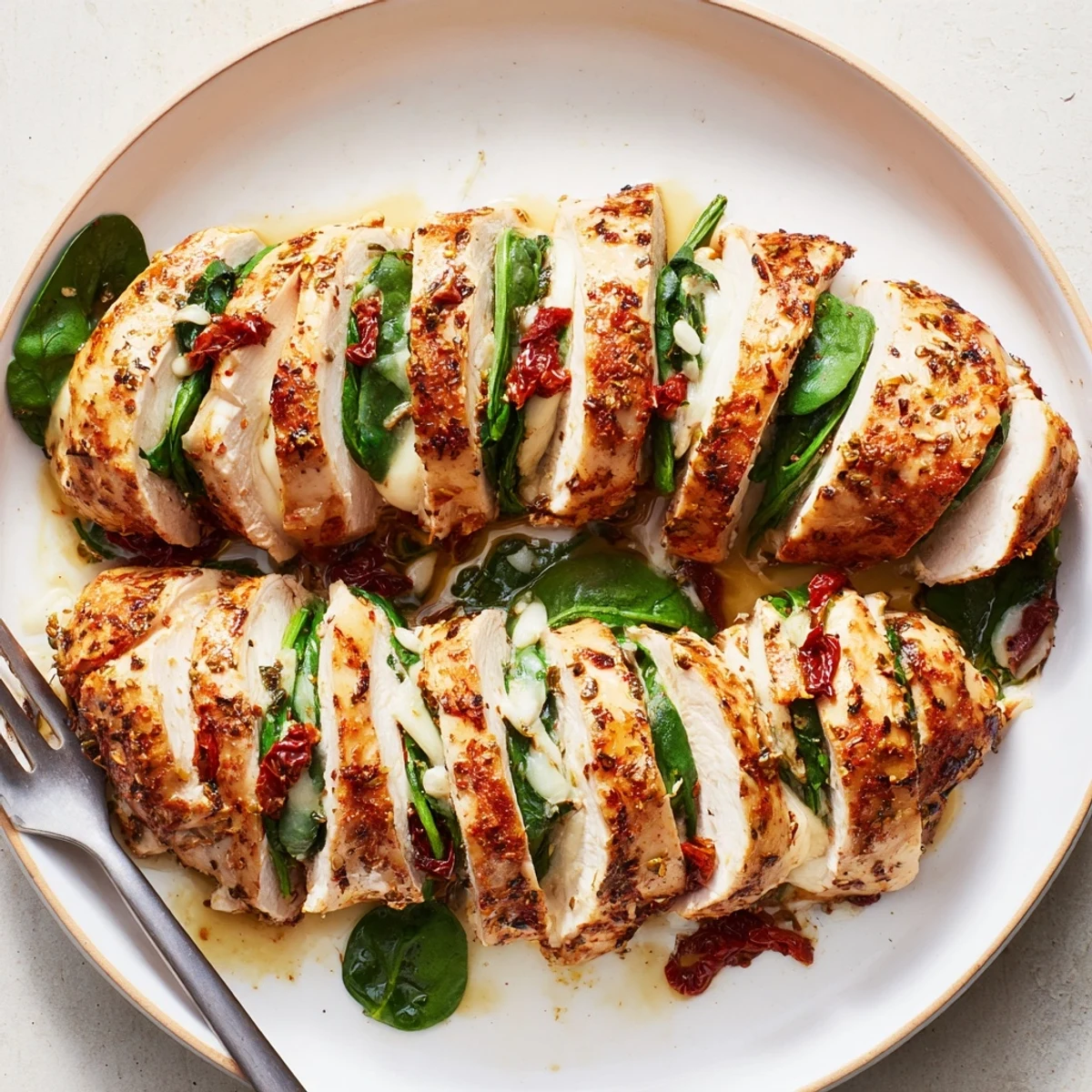 Golden baked Hasselback chicken stuffed with melted mozzarella spinach and sun-dried tomatoes