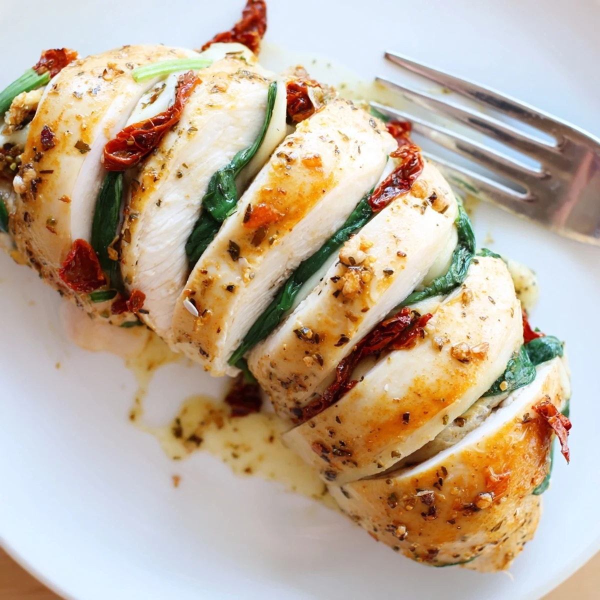 Hasselback chicken roasted to perfection with savory tomato spinach cheese stuffing visible