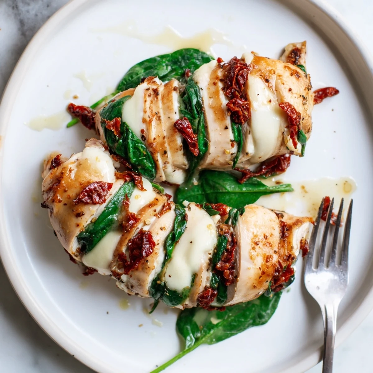 Sliced Hasselback chicken breast with herb seasoning and bubbly cheese filling close up