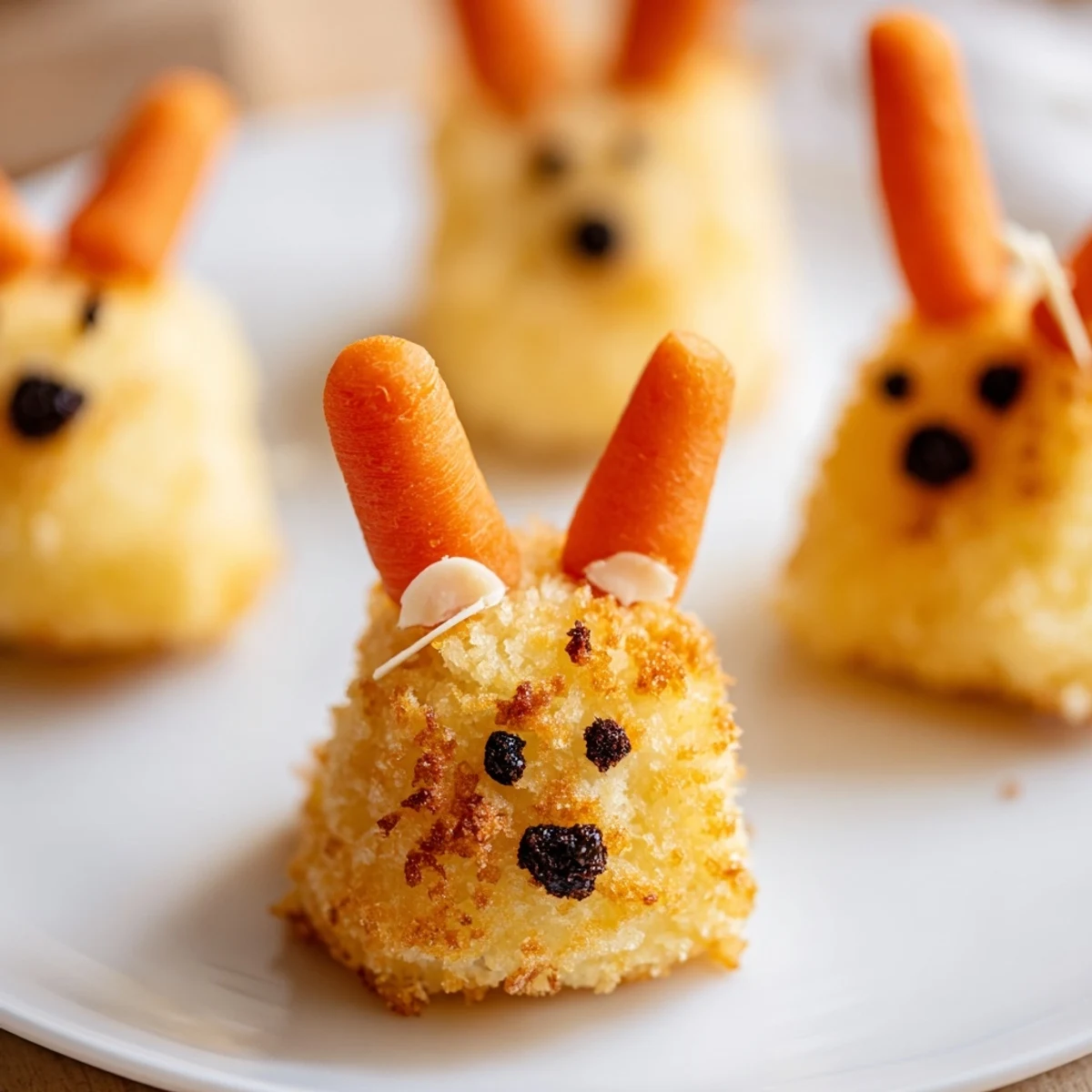 Crispy fried potato croquettes shaped like adorable bunnies with almond ears and carrot noses