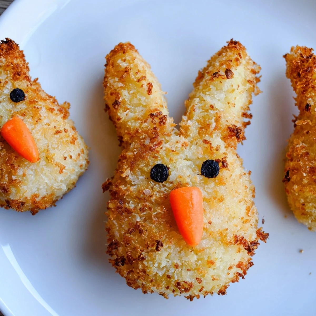 Golden Easter bunny potato croquettes arranged on a festive spring serving platter