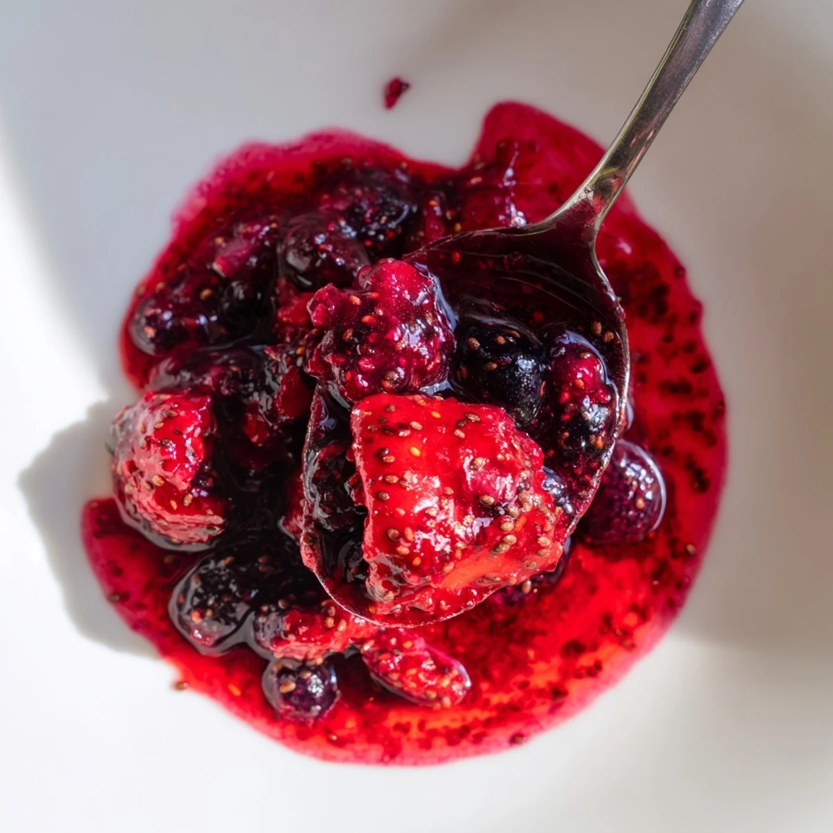 Small glass jar filled with vibrant purple easy berry chia seed jam topped with whole fresh strawberries