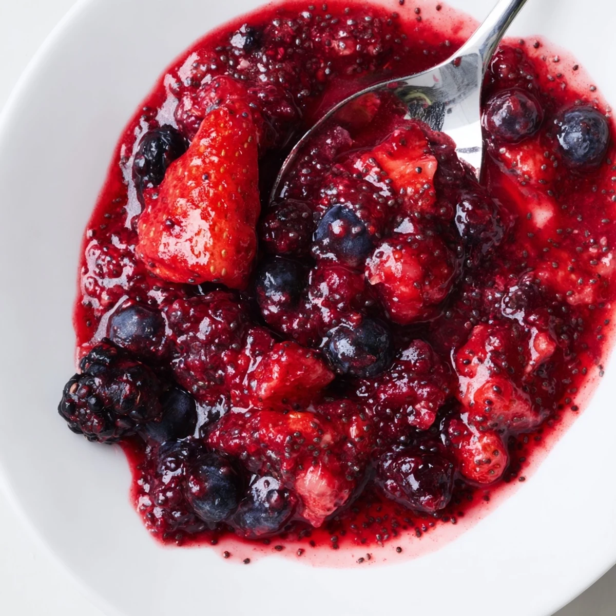 Rustic wooden table displaying open jar of easy berry chia seed jam alongside scattered mixed berries