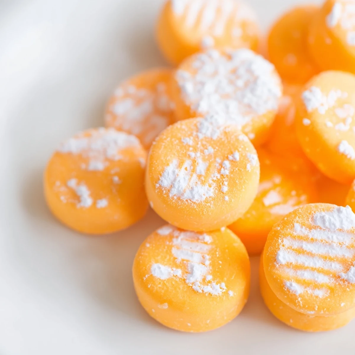 Vibrant orange cream cheese mints arranged on a white platter with powdered sugar dusting