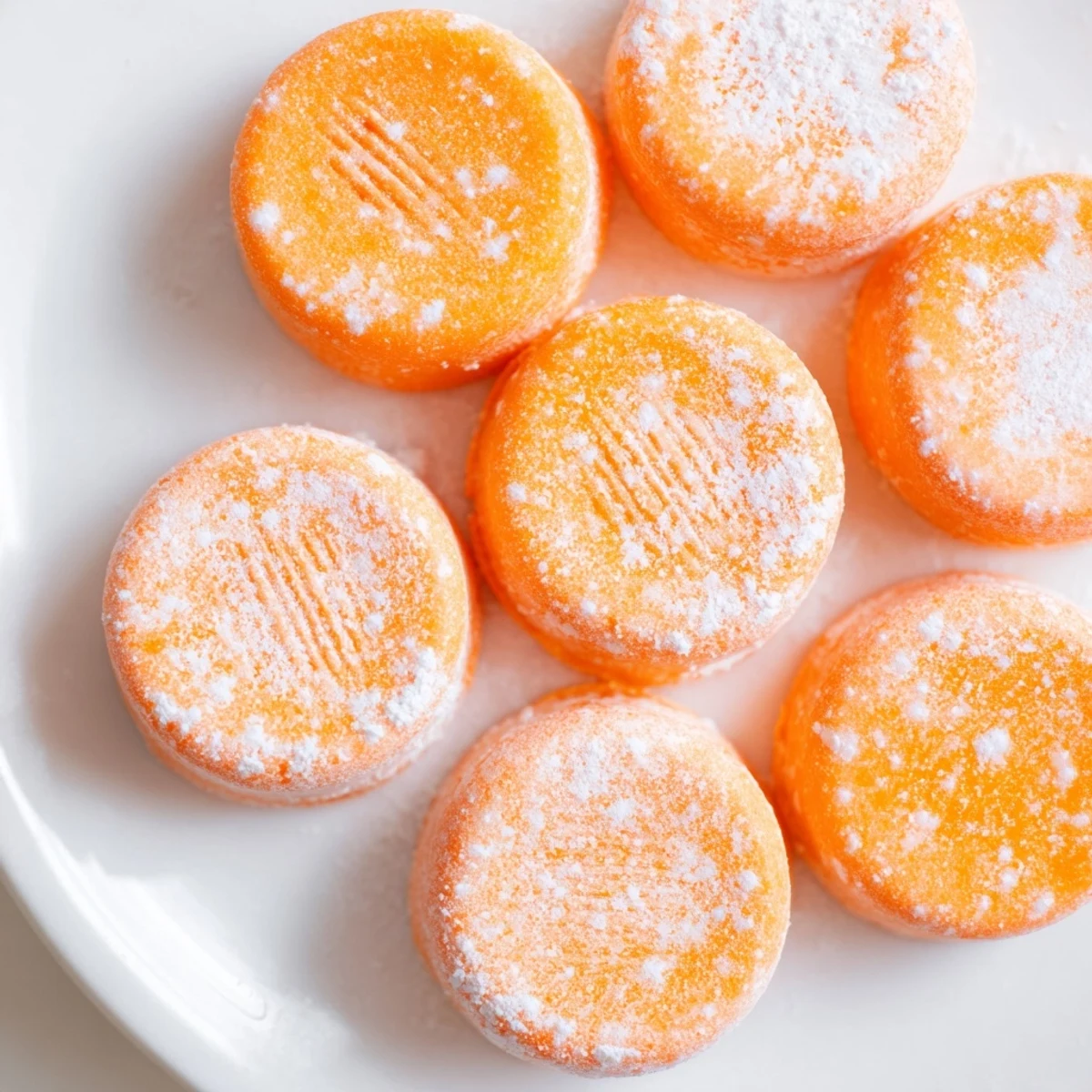 Handmade orange cream cheese mints with fork patterns resting on parchment paper for chilling