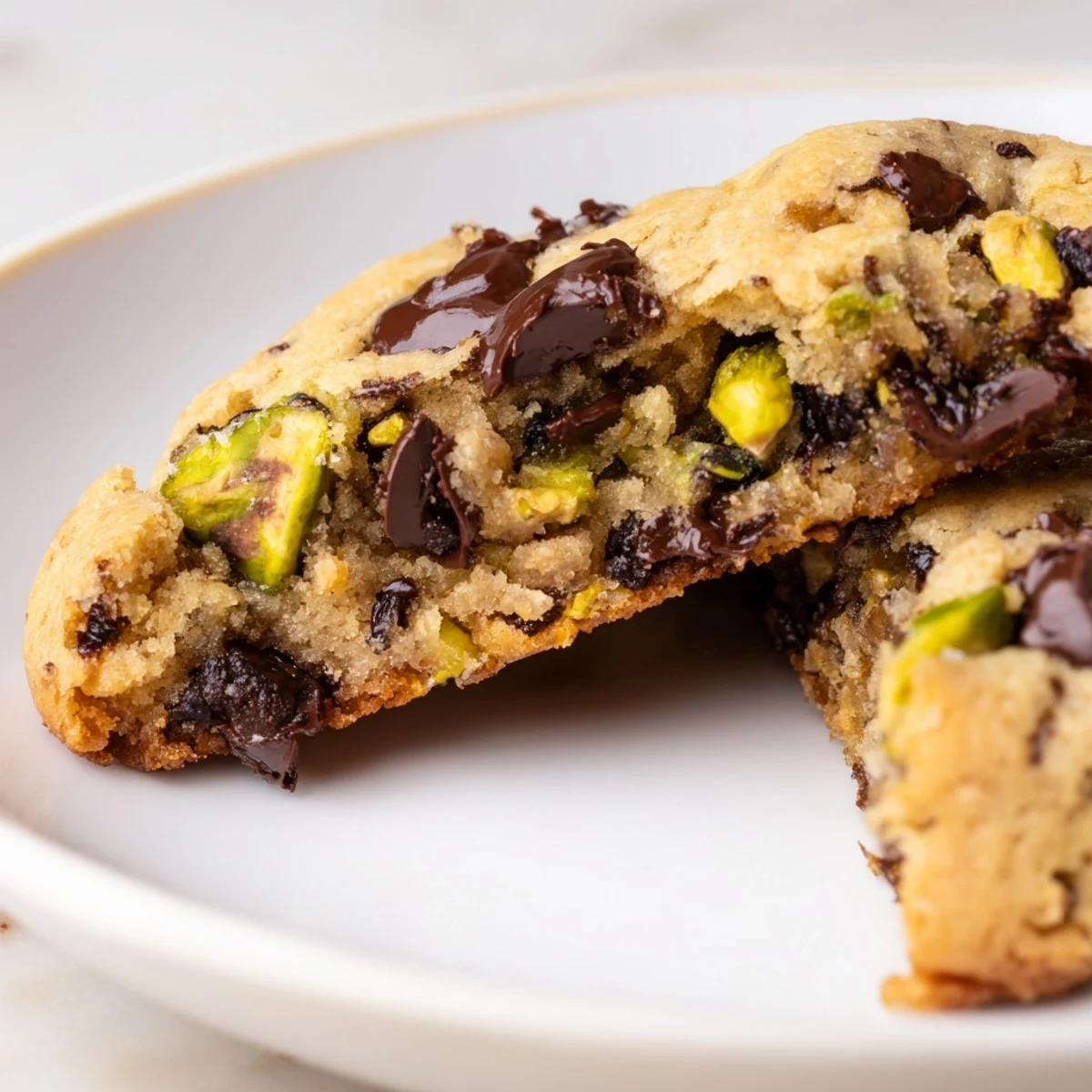 Golden Dubai chewy cookie studded with chopped pistachios, dates, and melting chocolate chips on a white plate